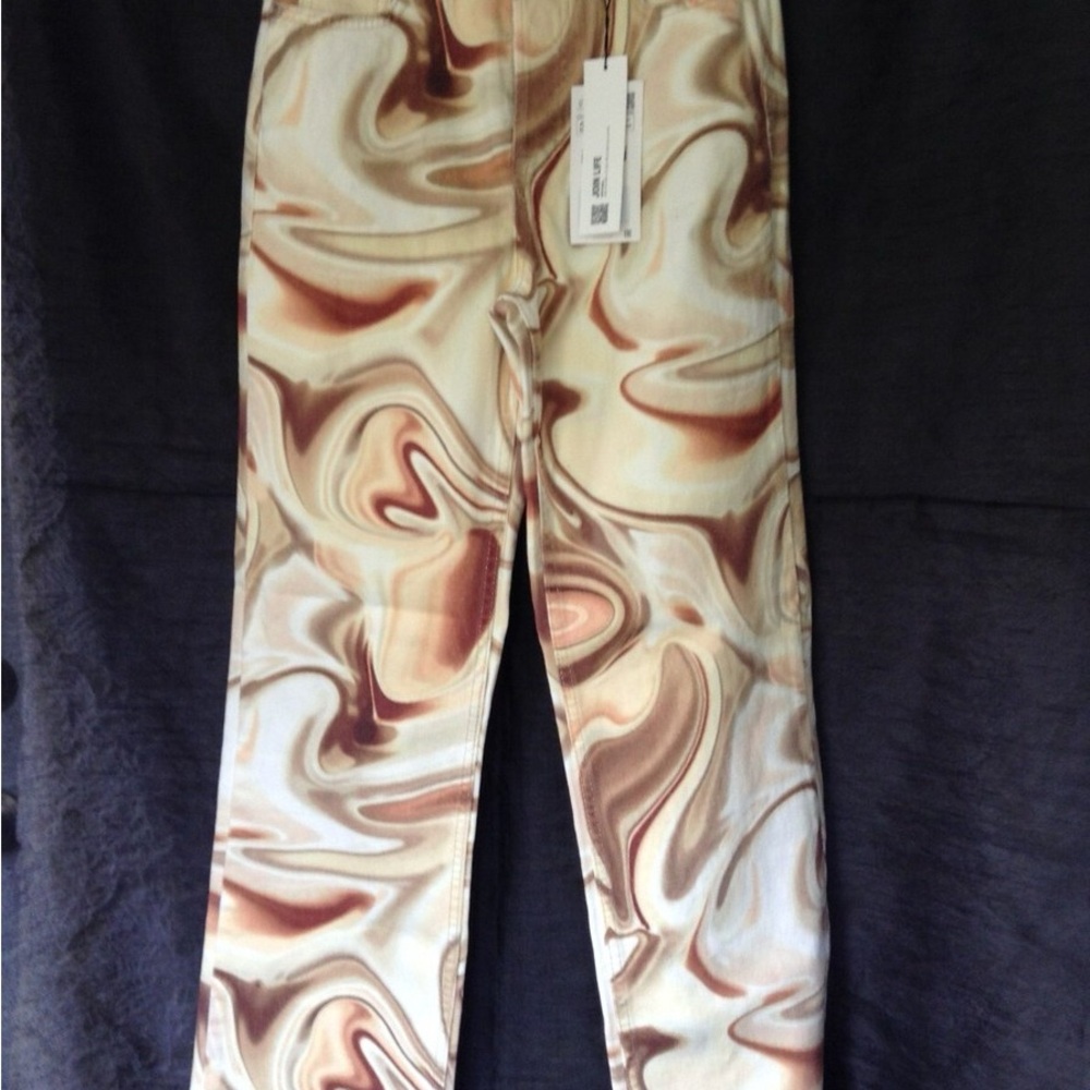 Zara High Rise Artistic Swirl Jeans Brown and Cream